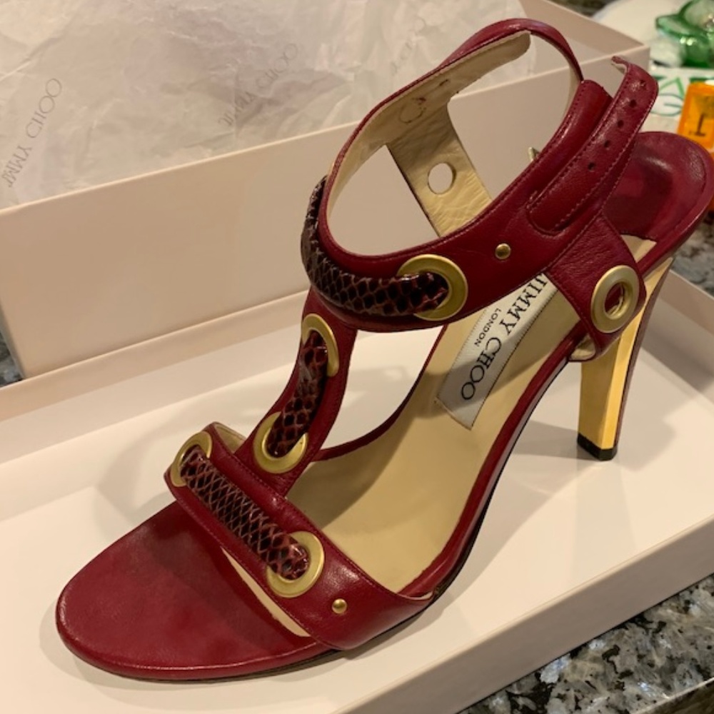 Jimmy Choo Red Leather Strappy Sandals with Gold Accents